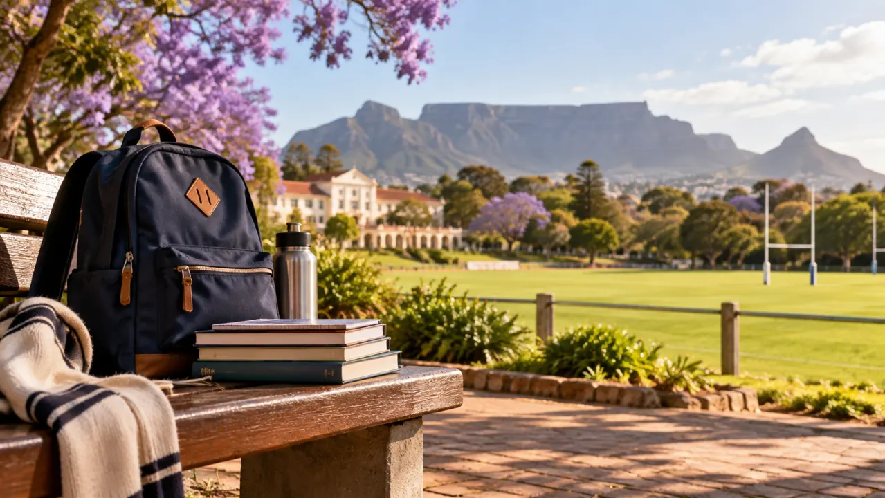 AI-generated illustration: a school backpack and textbooks on a bench beside a sunny South African school sports field, distant jacaranda foliage, no children