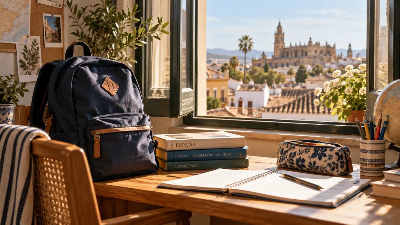 AI-generated illustration: a child's backpack, books and pencil case on a sunny desk beside an open window with Spanish rooftops