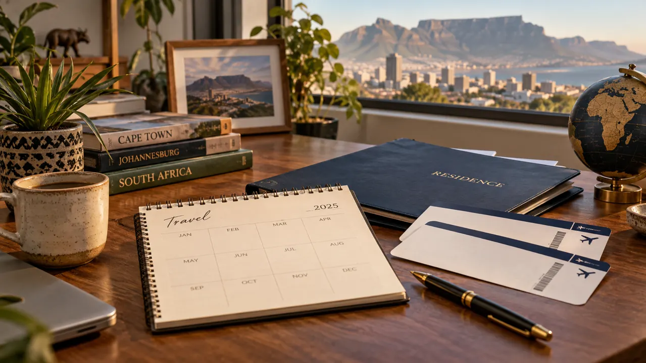AI-generated illustration: an annual travel calendar, two boarding-pass shaped blank cards, residence folder and pen on a South African home-office desk