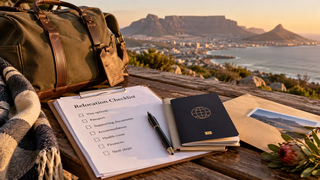 AI-generated illustration: a South Africa relocation document checklist with neutral passport, envelope and travel bag on a wooden bench