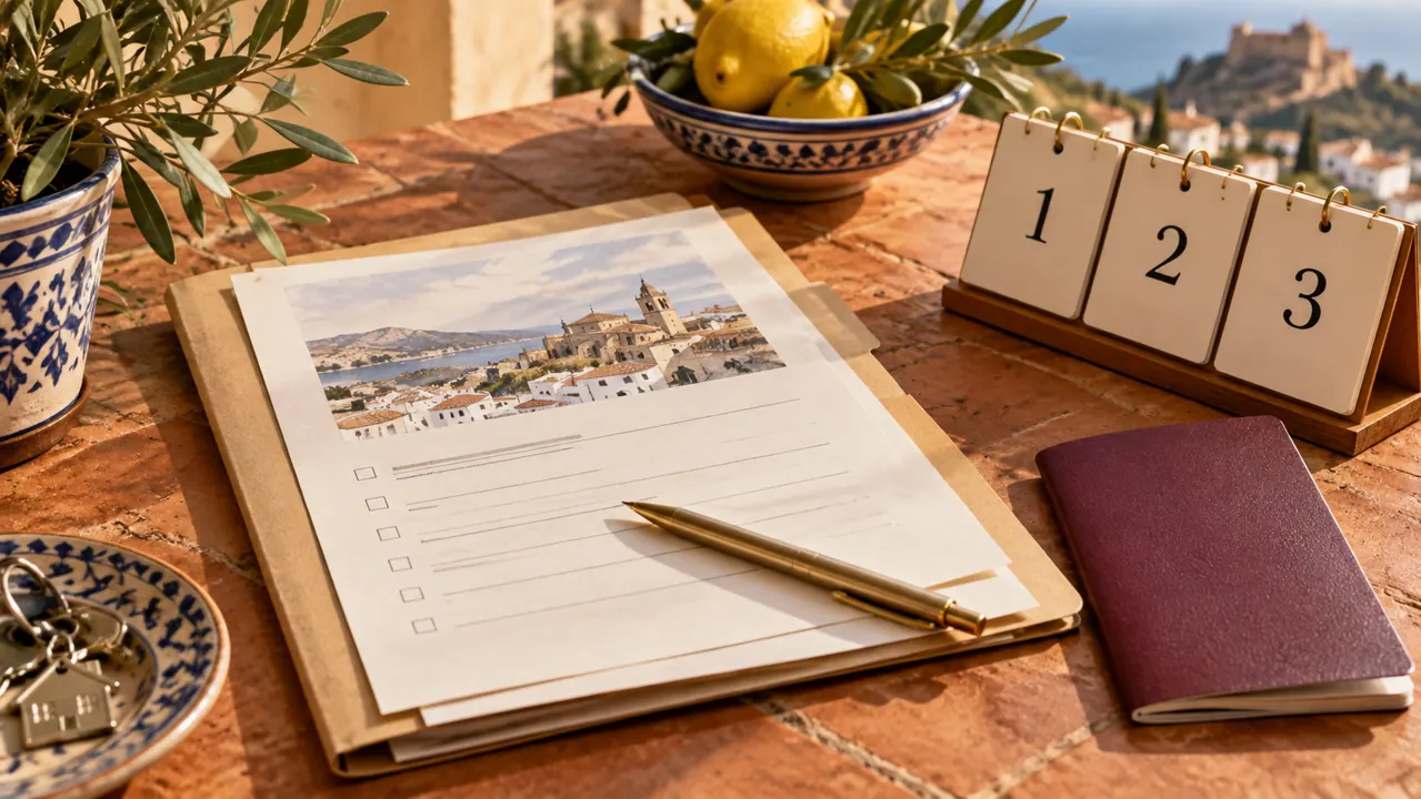AI-generated illustration: a residence application folder, plain passport and numbered calendar cards arranged on a terracotta Spanish desk surface