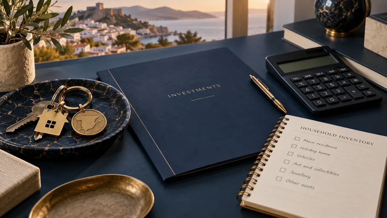 AI-generated illustration: a property-key ring, plain investment folder, calculator and household inventory notebook arranged precisely on a dark blue desk