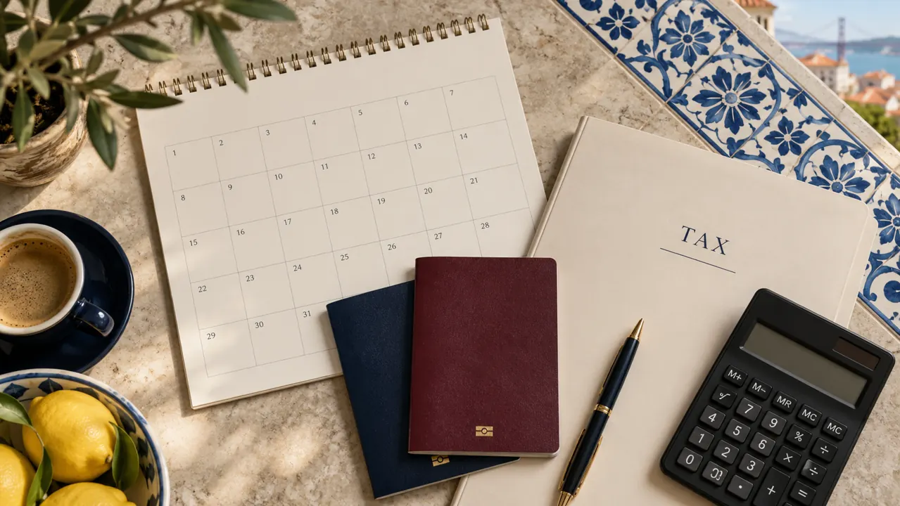 AI-generated illustration: top-down still life of a blank annual calendar, two plain passport covers, calculator and tax folder on pale stone, Portuguese patterned tile at the edge
