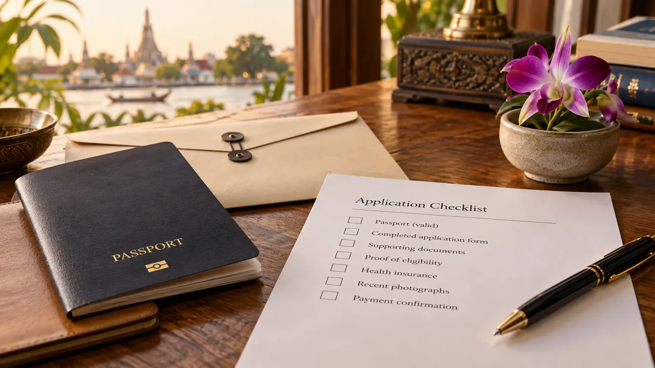 AI-generated illustration: neutral passport and document envelope beside a tidy application checklist and a small orchid on a Thai wooden desk