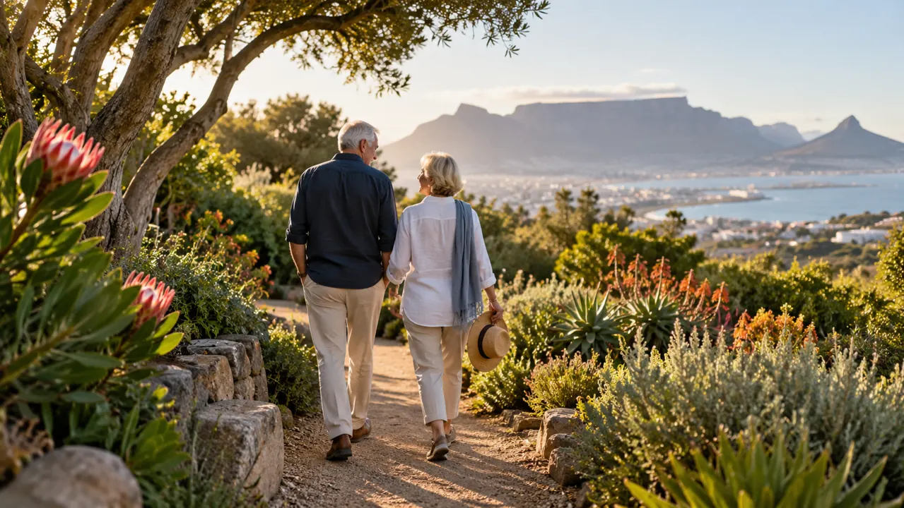 AI-generated illustration: an older couple walking a peaceful South African garden path from behind, comfortable everyday clothes, morning sun and indigenous plants