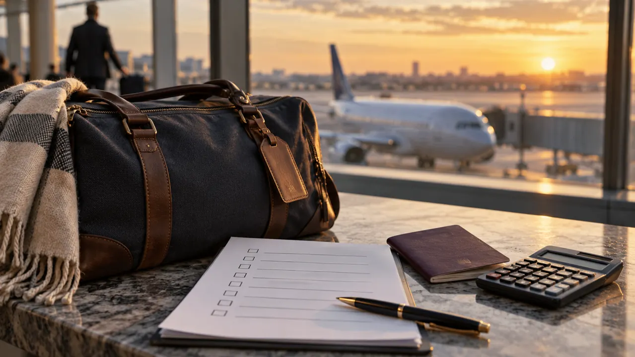 AI-generated illustration: a travel bag beside a UK departure checklist, closed passport and calculator at a terminal window with an out-of-focus aircraft