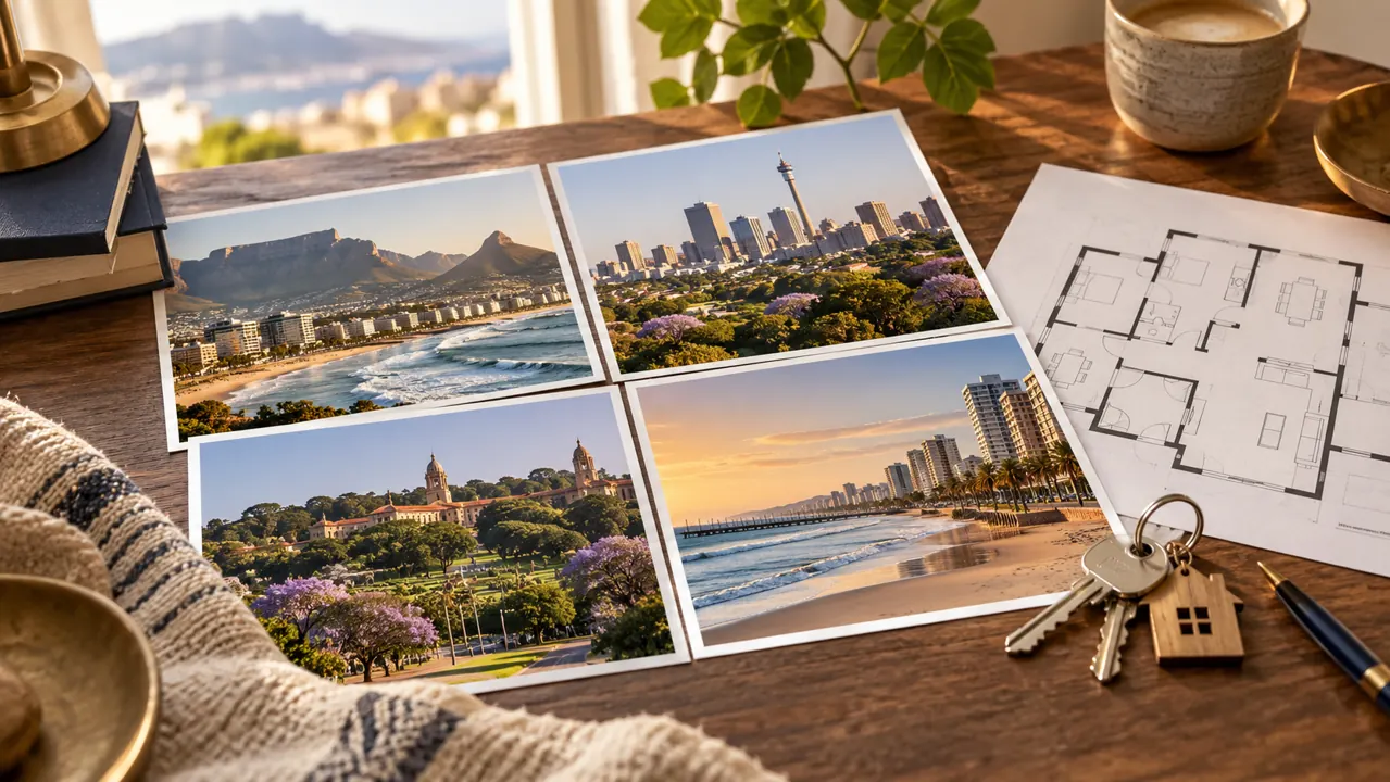 AI-generated illustration: four unlabelled neighbourhood photos, a floor plan with no dimensions, and house keys on a home search desk