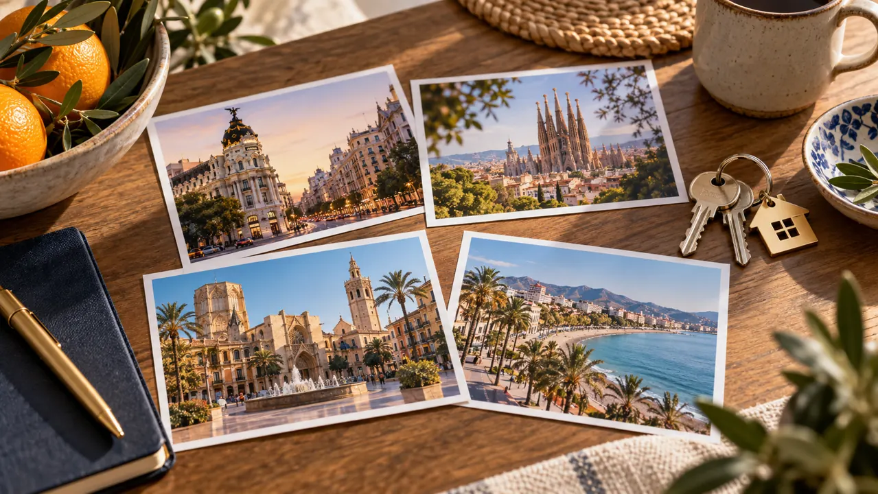 AI-generated illustration: four distinct printed neighbourhood photographs and a house key spread across a Spanish apartment-hunting table
