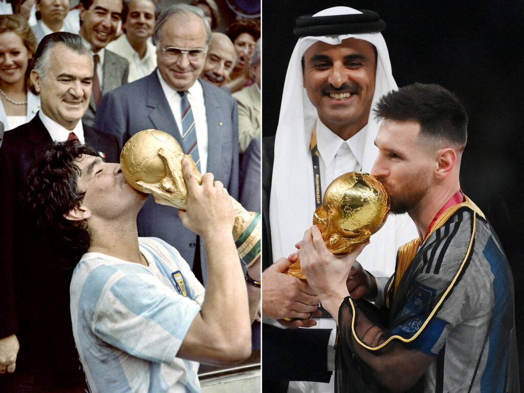 Messi and Maradona lifting the World Cup
