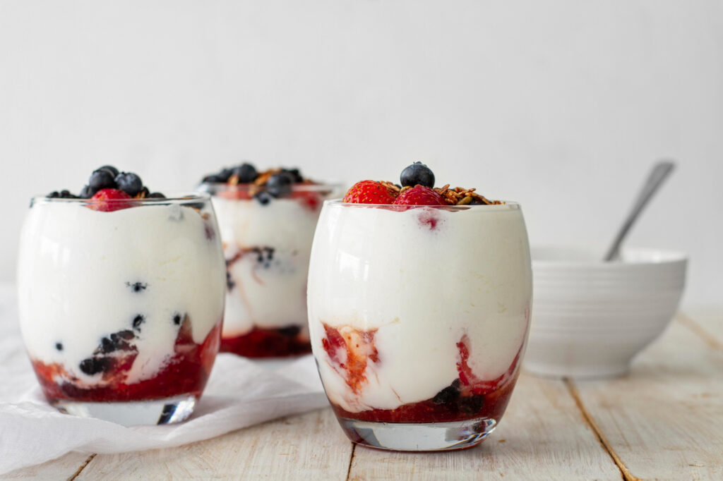 Yogurt with red fruits.